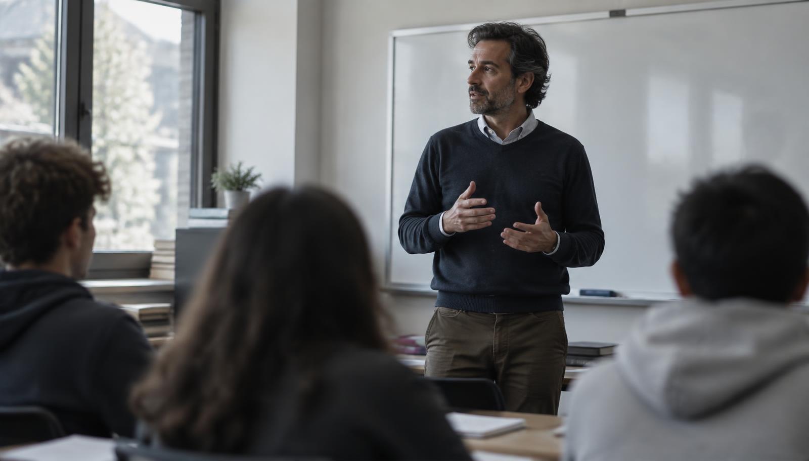 Professor explicando conteúdo diante da turma, com estudantes em primeiro plano desfocados
