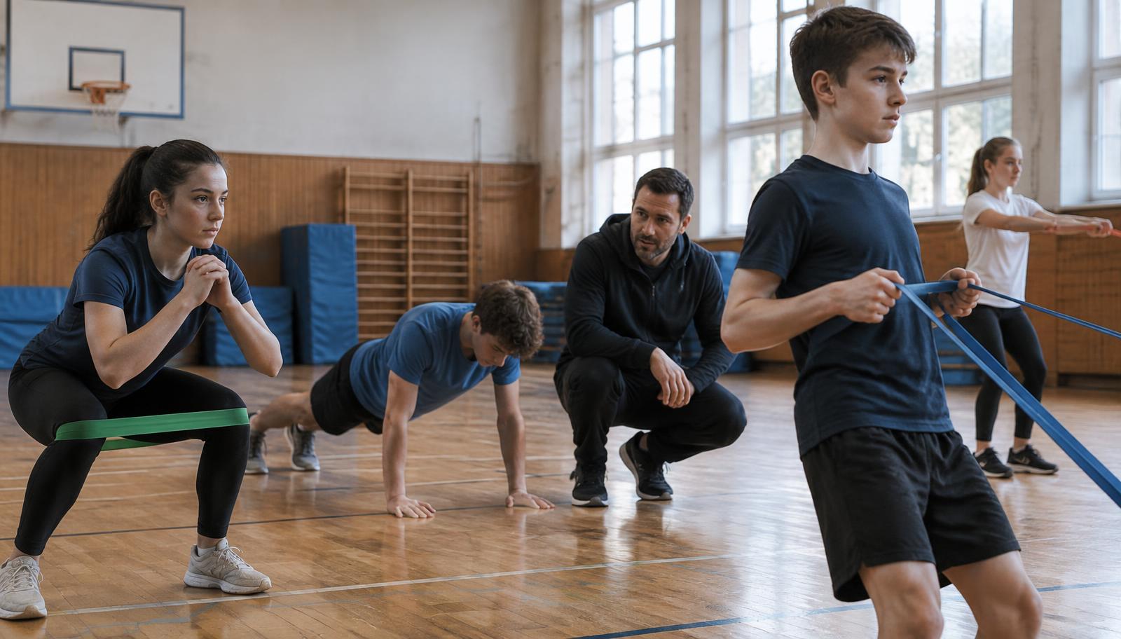 Adolescentes realizando exercícios de resistência com elástico e peso corporal em ginásio escolar, acompanhados pelo professor